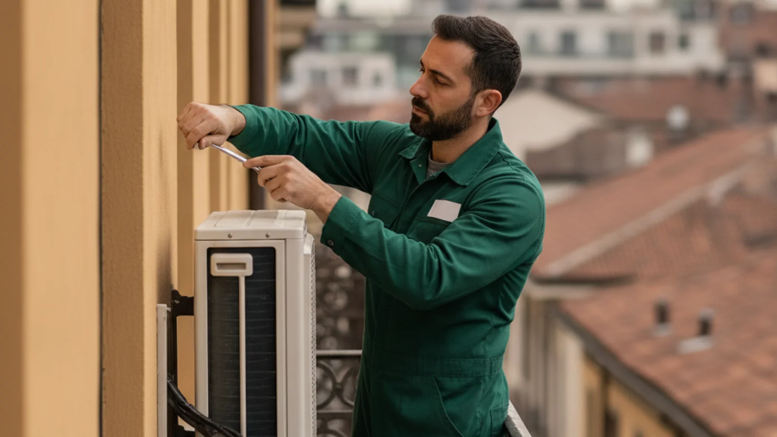 Tecnico installa un climatizzatore a Milano